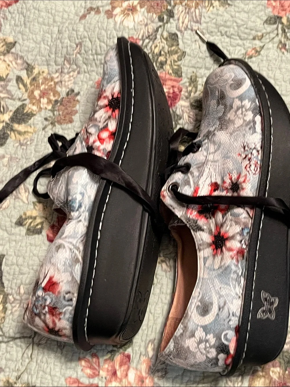 Alegria Floral Lace-Up Oxfords in white with Red & Blue floral Details